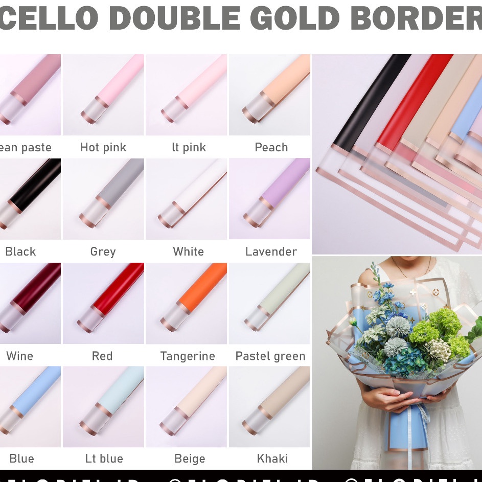 

Pasti Datang 2 Lembar Kertas Buket Cellophane Double Gold Border Flower Wrapping