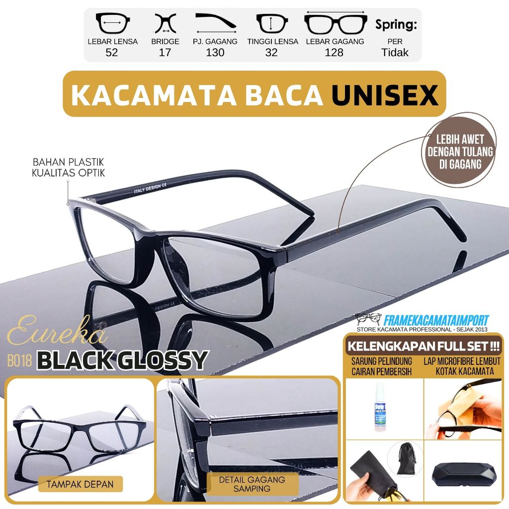 Kacamata baca lensa plus +100 s/d +300 Kacamata Kotak Plastik Unisex