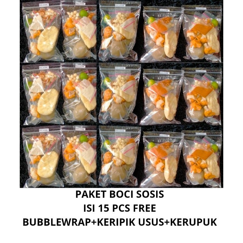 

paket baso aci instan isi sosis 15 pcs plus gratis keripik usus dan mie / baso aci chili oil / boci chili oil / chili oil / promo bakso aci sosis boci sosis 15 pcs