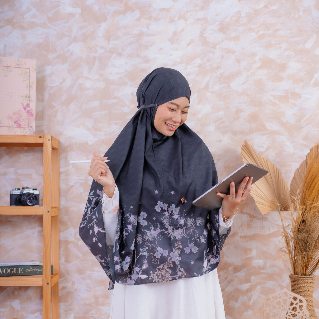 VESELKA Alesya Bergo Syari Hijab Printing instant Khimar Motif Bunga Syari Jilbab Kerudung Praktis m