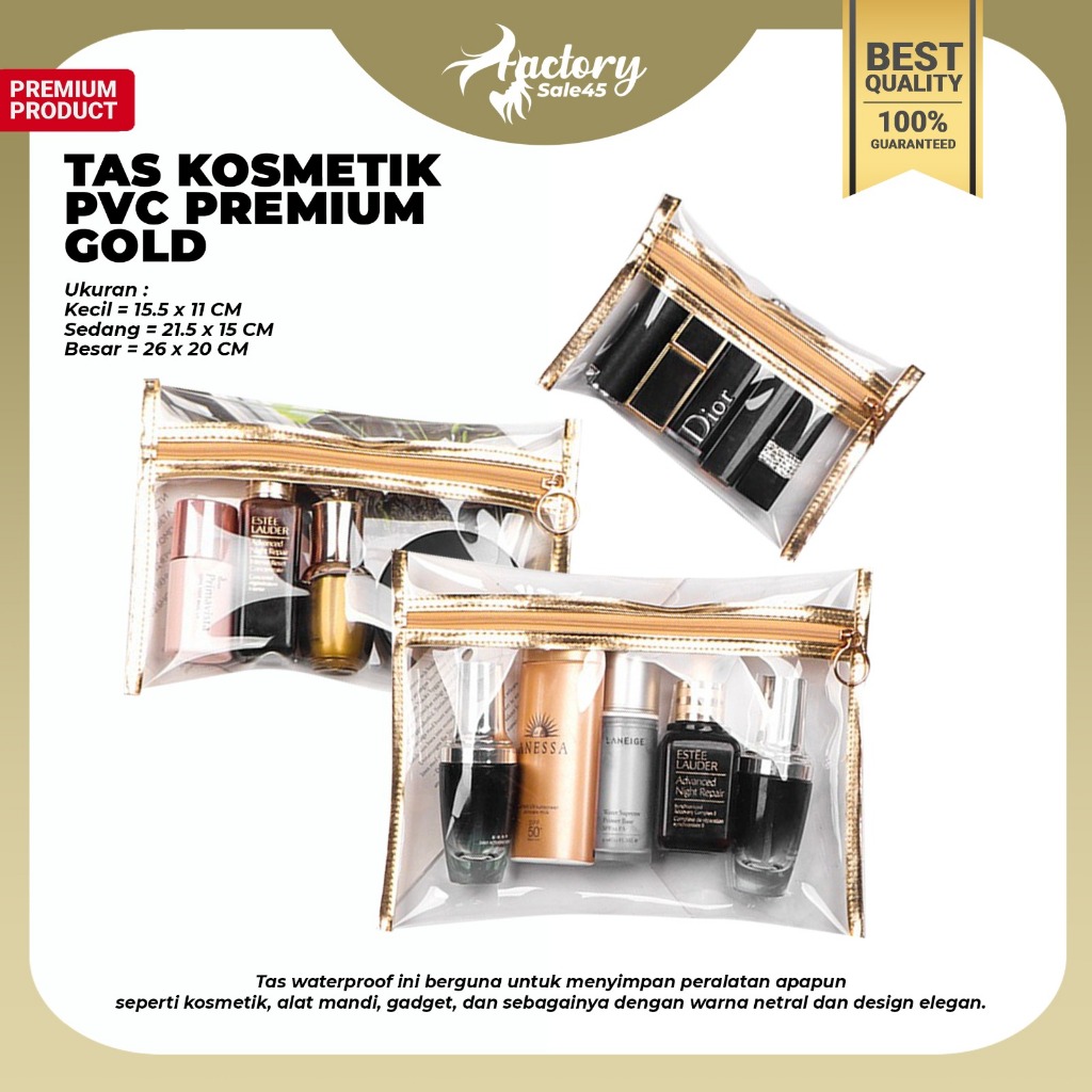 Tas Kosmetik PVC Transparan Tas Penyimpanan Makeup Tahan Air Premium Gold F1322