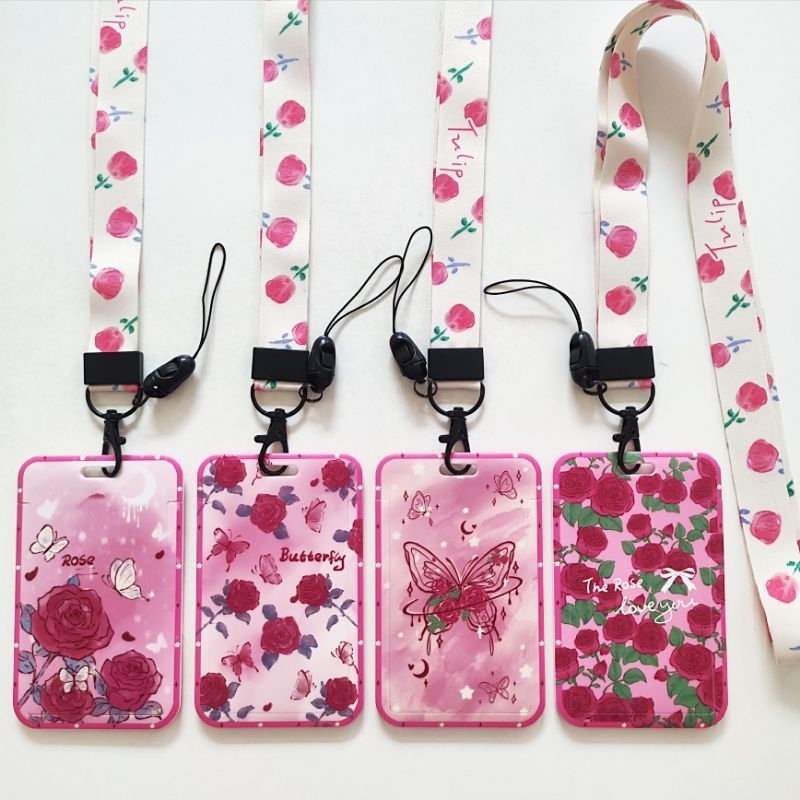 

ID Card Holder Name Tag Lanyard / Kalung Wadah Kartu Identitas Tapping Pink Rose Flower Mawar Motif Bunga Cantik Aesthetic