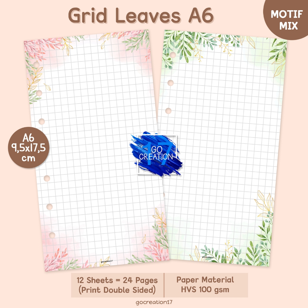 

Buku Planner Refill Kertas Binder Kotak Grid Leaves Motif Premium A6