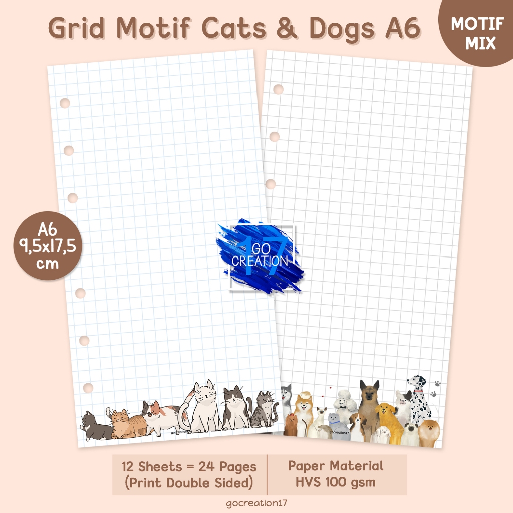 

Buku Planner Refill Kertas Binder Kotak Grid Cats and Dogs Motif Premium A6