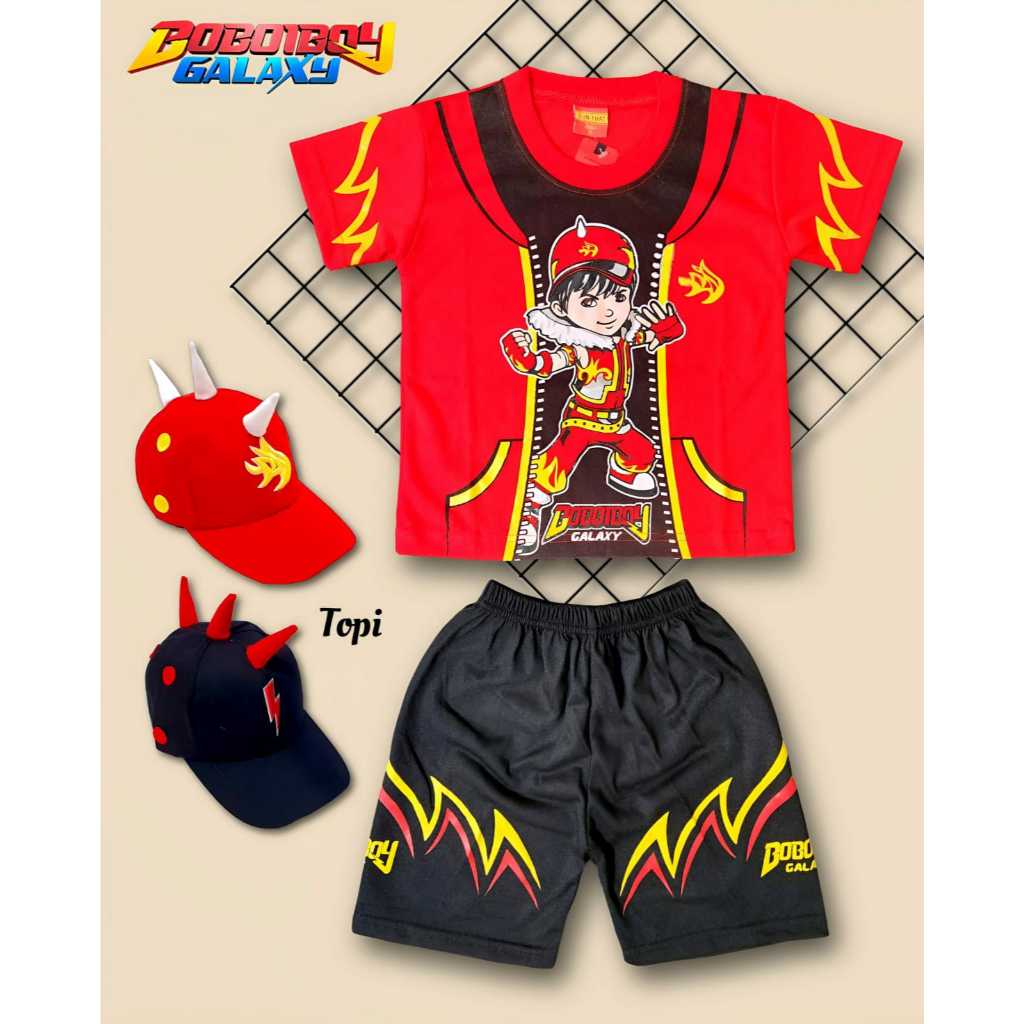 SETELAN BAJU ANAK BOBOIBOY MERAH KARTUN FREE TOPI UNTUK ANAK 2-10 TAHUN