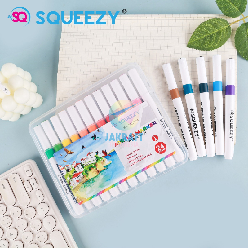 

(24 Pcs) Set Spidol Kuas Acrylic Brush Permanent Pen Marker 24 Warna SQUEEZY SA-SQ7724 Permanen Segala Permukaan Gelas Kertas Kaca Akrilik Lebih Pekat Opaque Tebal 2 mm