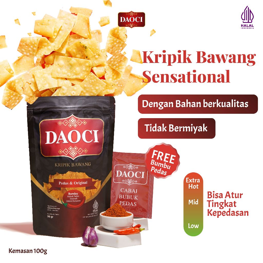 

DAOCI - Cemilan Pedas - Keripik Bawan Tiga Sensasi Dalam Satu Gigitan Gurih Pedas & Renyah - Kemasan 100g