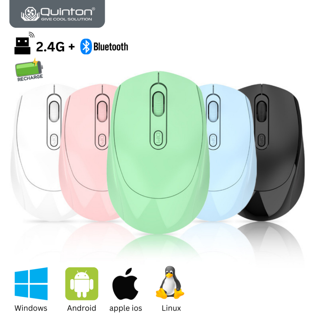 QUINTON  - Mouse Wireless 2.4G + bluetooth Recharge X5 color untuk laptop pc macbook smartphone dan 