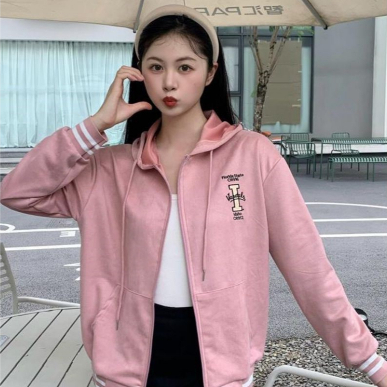 Jaket Zipper Hoodie Wanita Premium Suede Bludru Ban Allsize - I Vandals