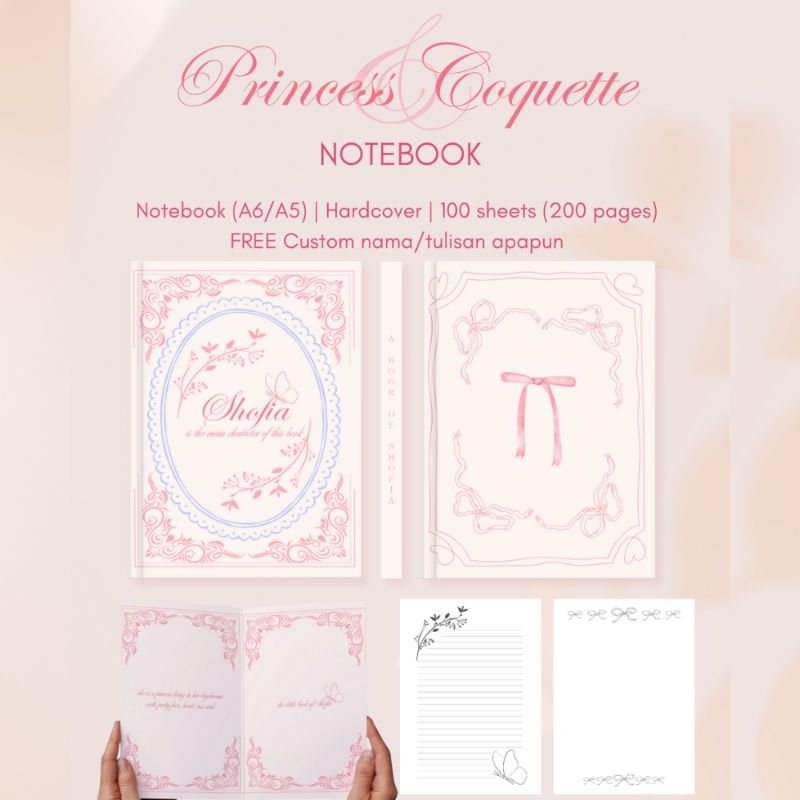 

BUKU NOTEBOOK Princess & Coquette Hardcover Notebook Buku FREE Custom nama/tulisan | A6 A5 Journal Planner Catatan aesthetic