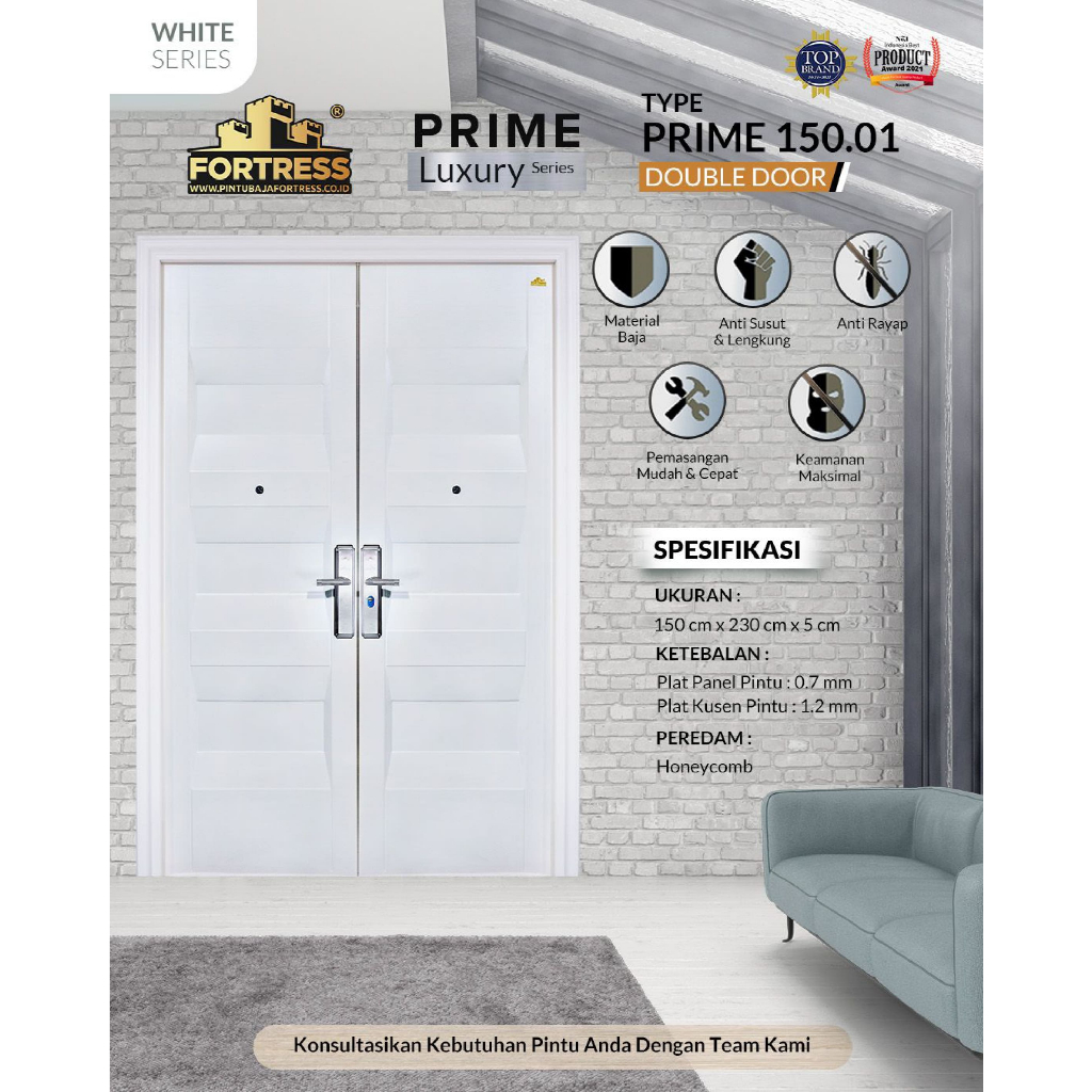 Pintu Utama Double Door - Pintu Baja Fortress Prime Series Warna Putih Lebar 150 CM.