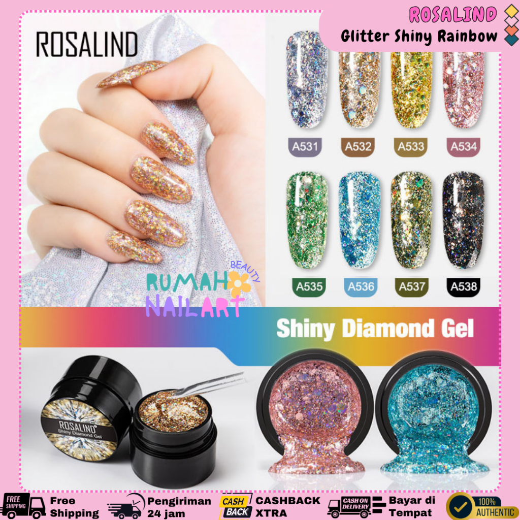 ROSALIND SHINY RAINBOW GLITTER Nail Gel Polish UV LED Bubuk Glitter Shiny Bersinar Halal Muslimah / 