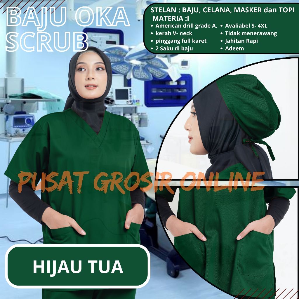 Baju OK JUMBO Dokter Perawat baju oka Lengan Pendek dan LENGAN PANJANG Scrub medis OKA HIJAU TUA