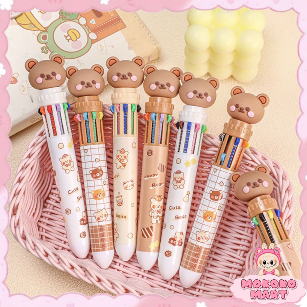 

MM Pulpen 10 Warna Motif kartun Bear Pena Warna Warni Pulpen Mekanik 10 Warna Bolpoin Lucu ATK AT29