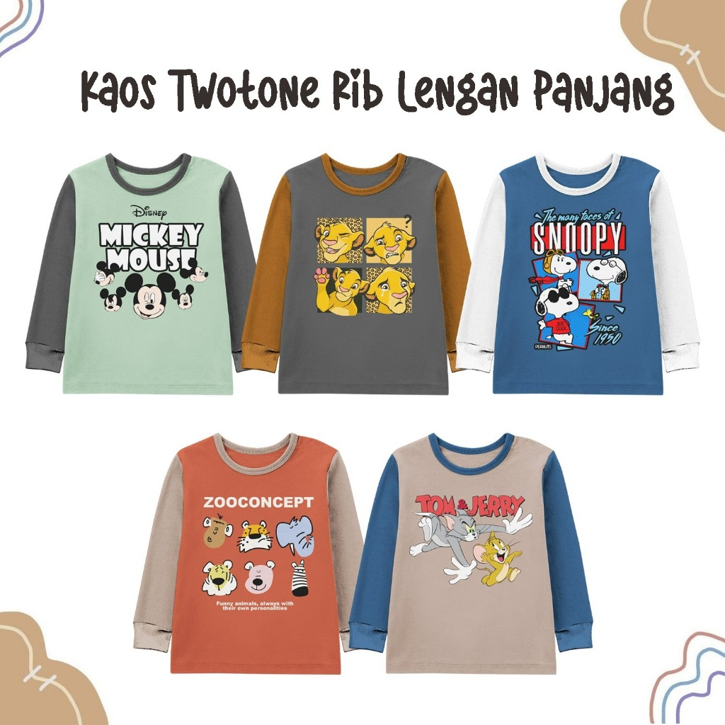 Kaos Atasan Terbaru Twotone Rib Lengan Panjang Motif Animasi