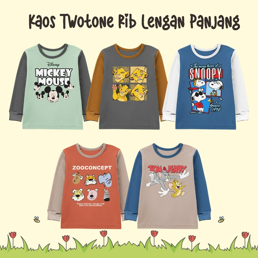 Kaos Twotone Rib Lengan Panjang Motif Cartoon Terbaru