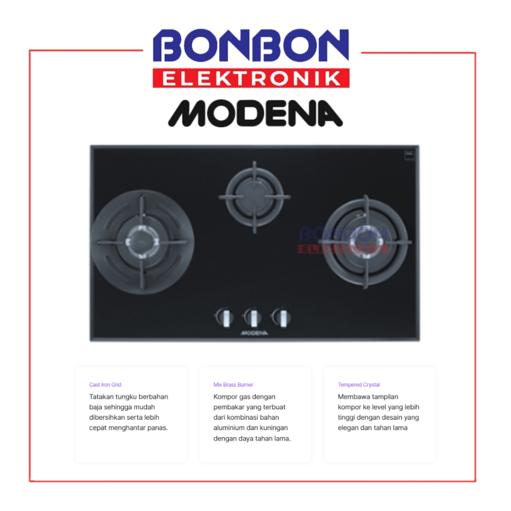 Modena Kompor Tanam Gas 3 Tungku BH 1935 LA / BH 1935LA / BH 1935 Gas Hob