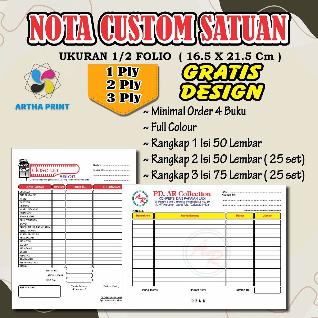 

Nota 1/2 Folio 1ply 2 ply 3 ply nota custom request nama toko olshop sendiri free desain