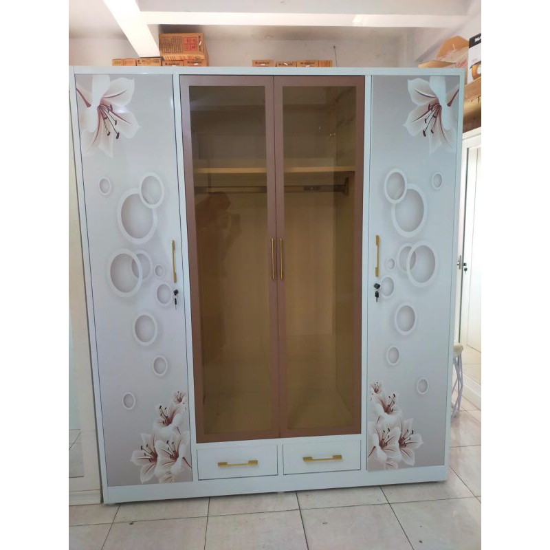 Lemari Pakaian Besi Premium Jumbo sliding 4 pintu ,kaca / Almari Besi Baju Pakaian sliding modern