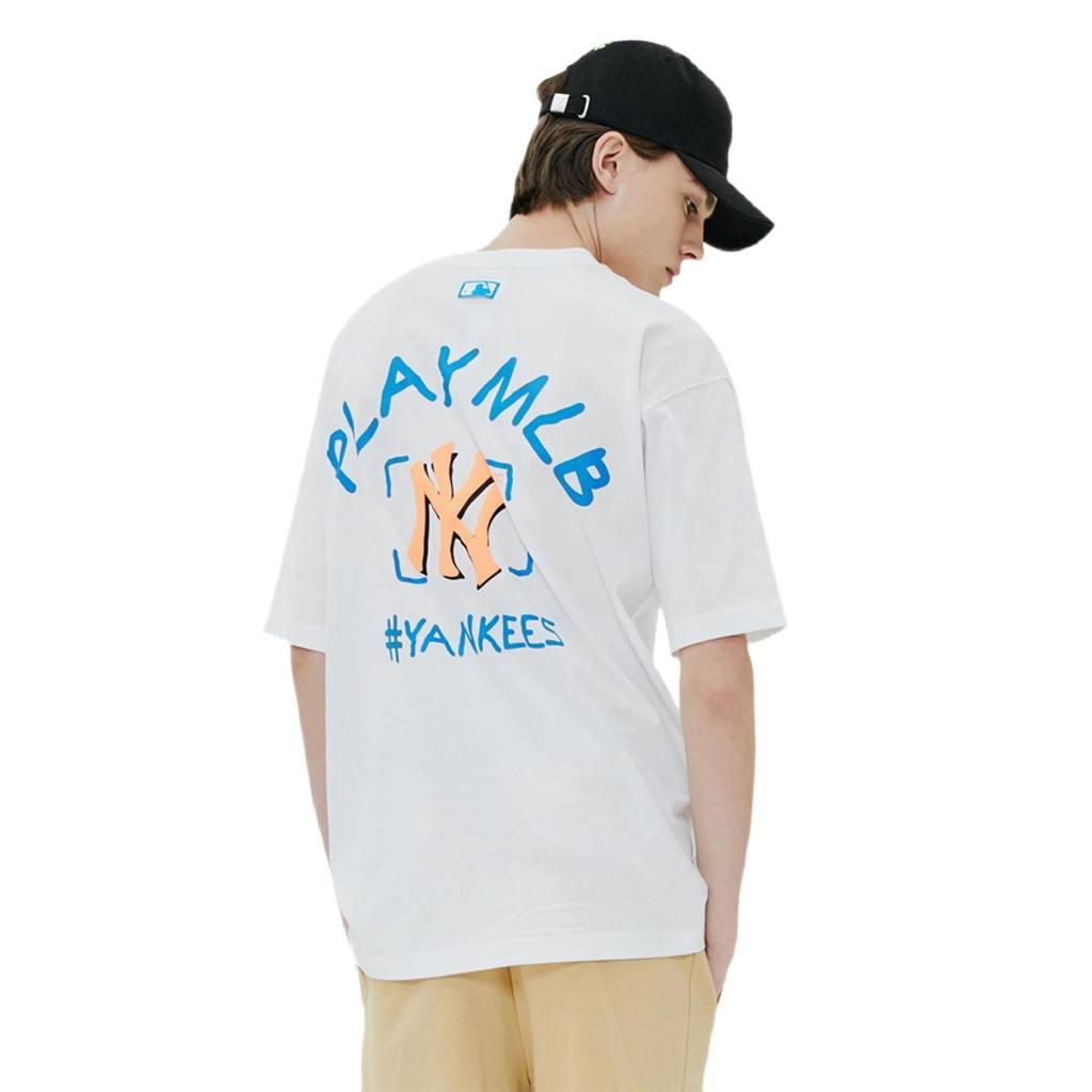 MLB NY Neon Orange Blue New York Yankees Big Print Cotton Blend Half White Tshirt - ORI