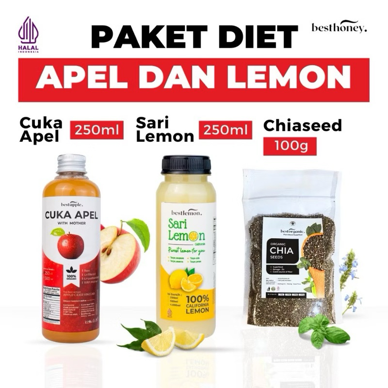 

COD PAKET DIET cuka apel 250ml + sari lemon 250ml + chia seed 100gr