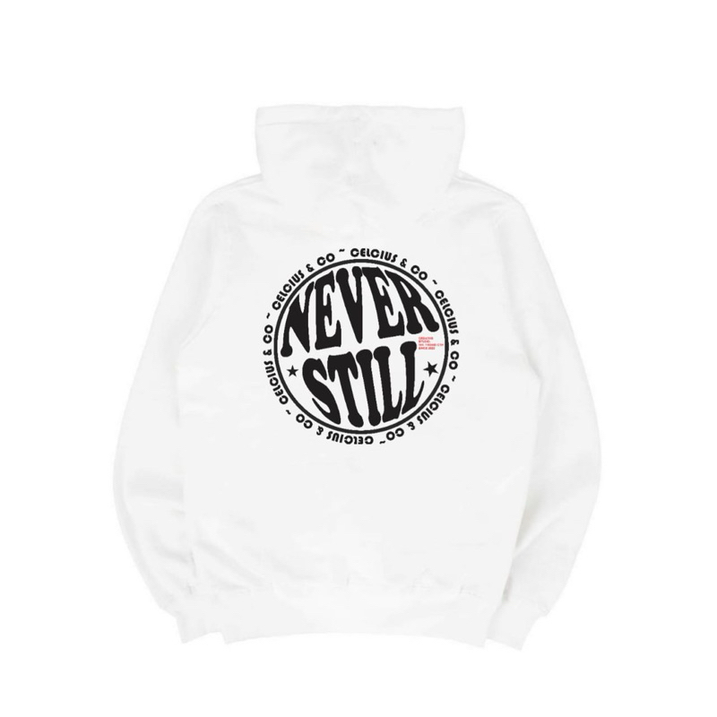 Hoodie Distro Celcius Premium Putih Oval Never Still Pria Wanita