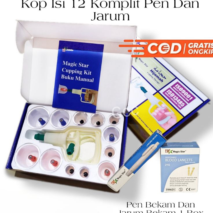 Diskon Merakyat  Paket Alat Bekam Komplit Satu Set Kop Angin Isi 12 Lengkap Pen Bekam Jarum Bekam Te