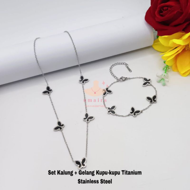 Set Kalung + Gelang Kupu Kupu - Kalung Titanium Kupu Kupu - Gelang Tangan Kupu kupu - Set Kalung Gel