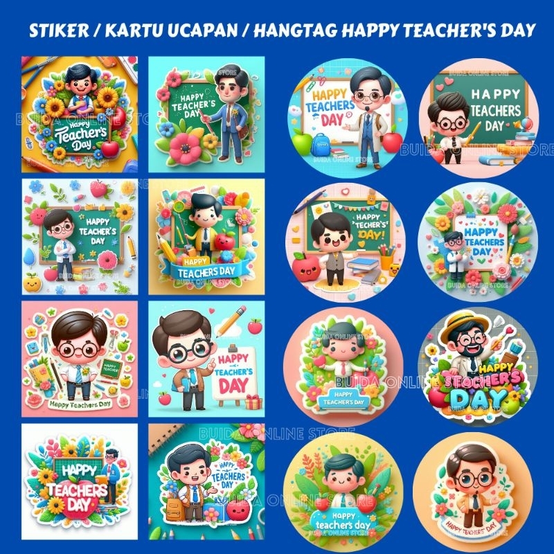 

stiker kartu ucapan topper hangtag sticker label happy teacher day selamat hari guru dekorasi kemasan kado hadiah hampers buket bunga snack hiasan gift bingkisan terima kasih guruku cute karakter design terbaru laki-laki man male pak guru bapak guru