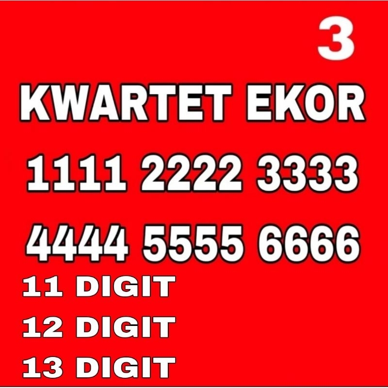 NOMOR CANTIK KARTU THREE TRI 3 SPECIAL SERI KWARTET KWARTED 1111 2222 3333 4444 5555 6666 SUPER RAPI