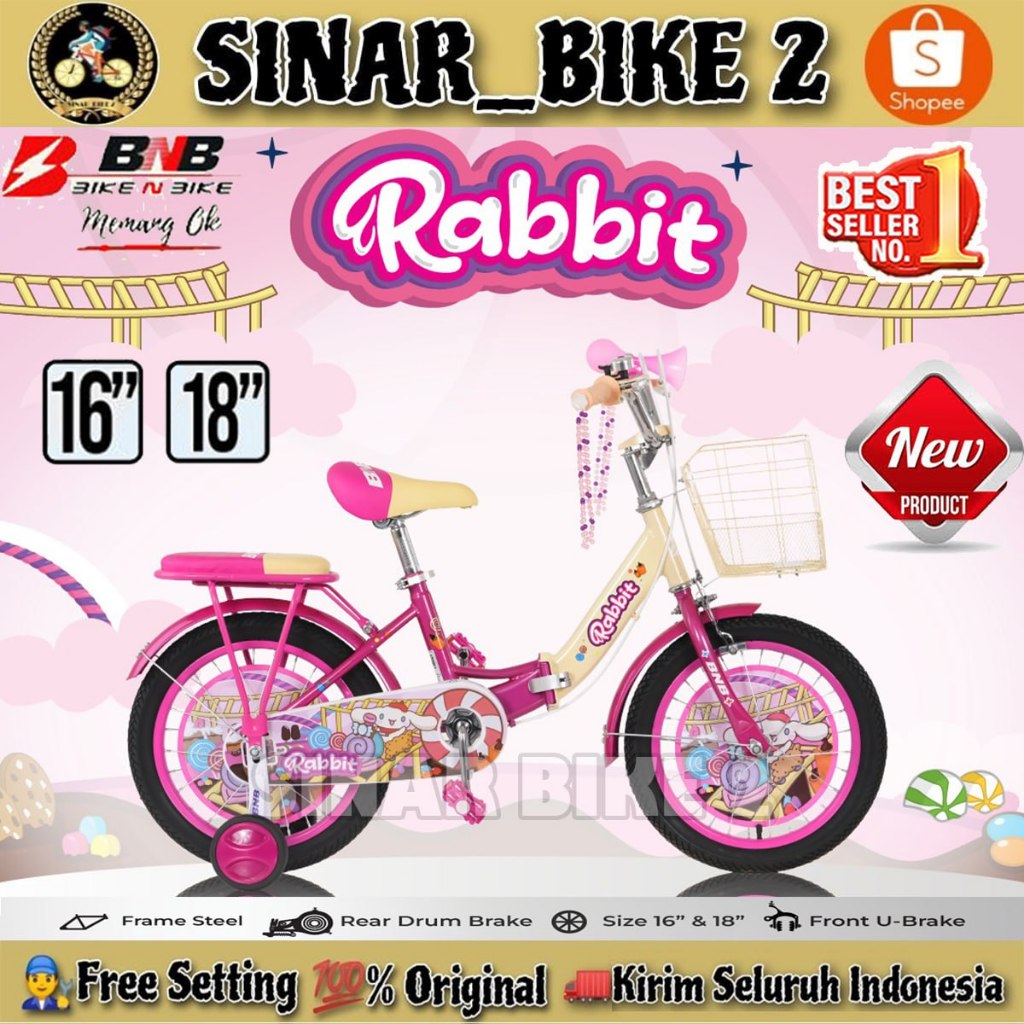 Sepeda Lipat Anak Perempuan BNB RABBIT Ukuran 16 18 Inch Keranjang