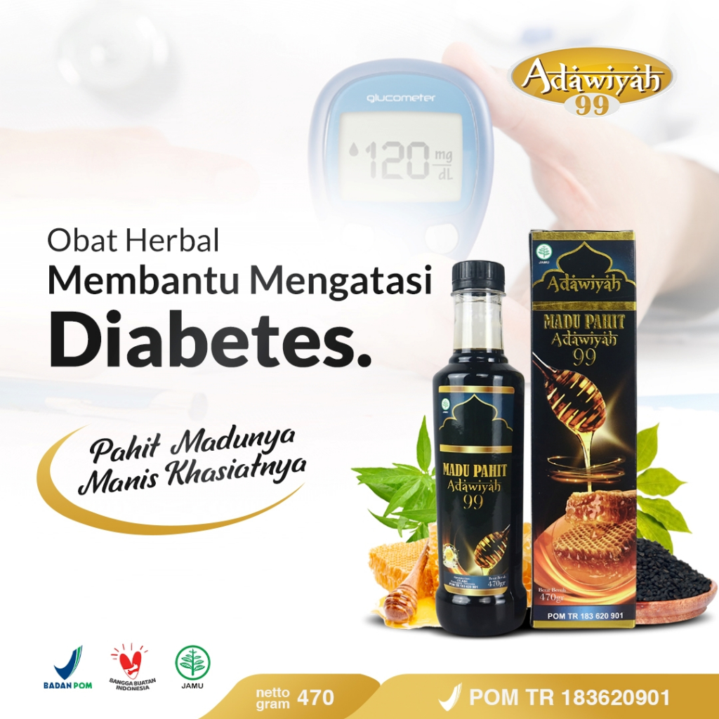 

Adawiyah99 Madu Hitam Pahit Propolis Sambiloto dan Insuline BPOM Madu untuk Kencing Manis 470ml