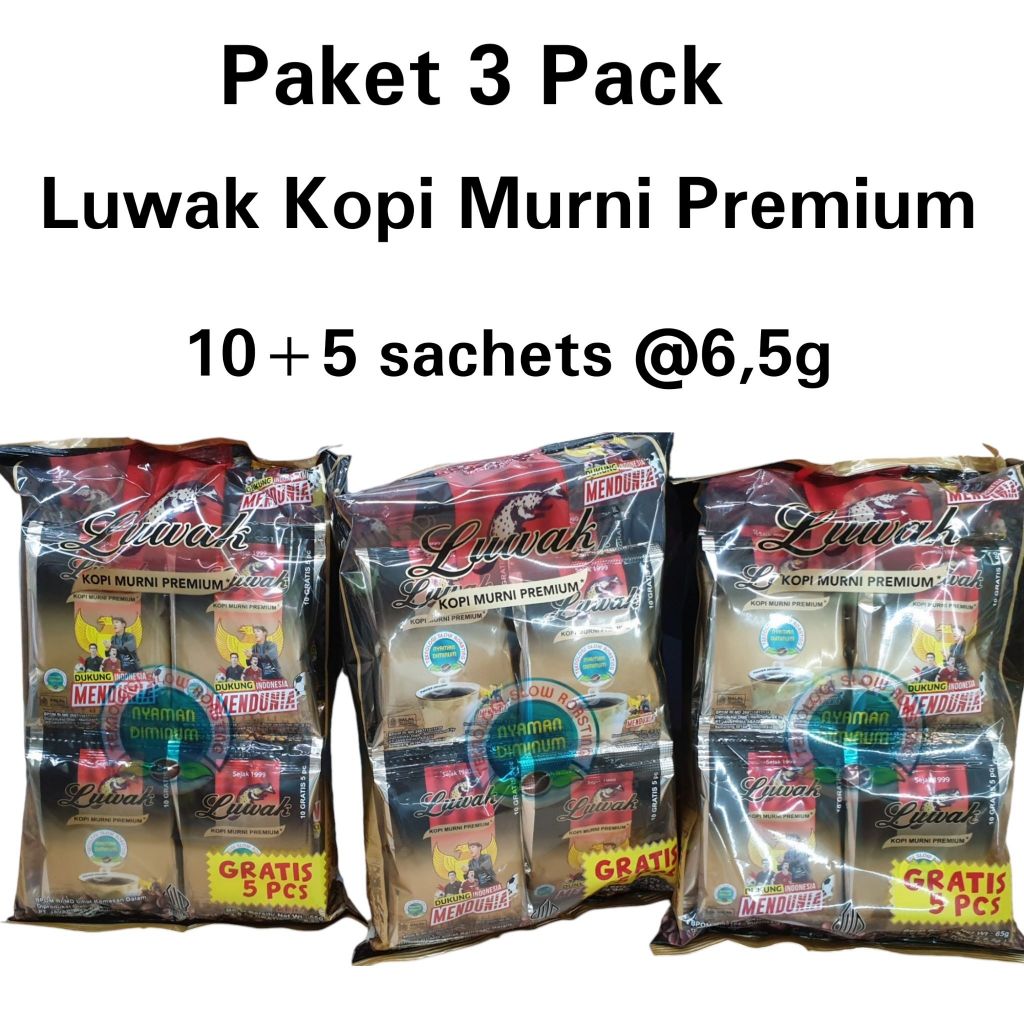 

PAKET 3 PACK LUWAK Kopi Bubuk Murni Premium Tanpa Gula Sachet Isi 15