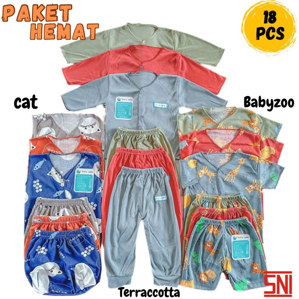 NAKITA 18pcs Paket Perlengkapan Baju Bayi Celana Bayi Stelan Lengan Panjang Pendek Combo Mix Printin