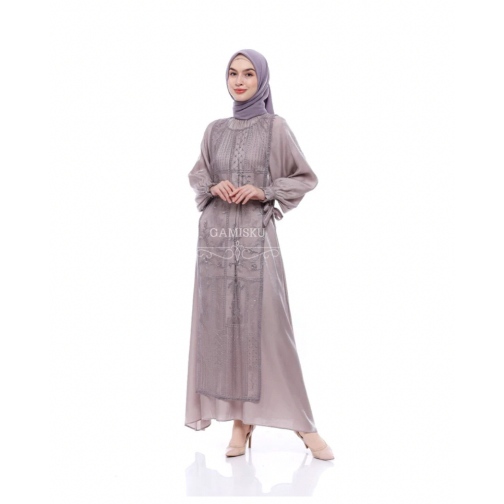 YUMNA Outer Brukat Tile Long Dress Gamis Wanita Polos Silk Premium Kondangan Seragam Umroh Murah (Ou
