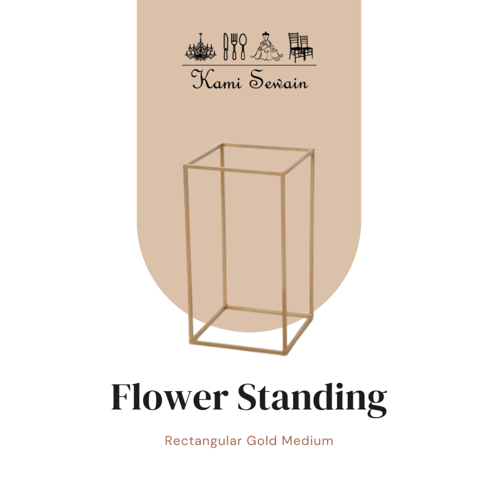 Sewa Dekorasi Flower Standing Rectangular Gold Medium Untuk Rental Alat Perlengkapan Pernikahan Sepe