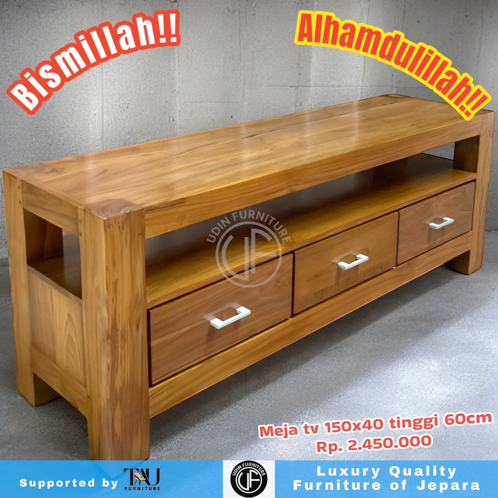 Meja Tv 150x40 Tinggi 60 cm Laci Minimalis Kayu Jati
