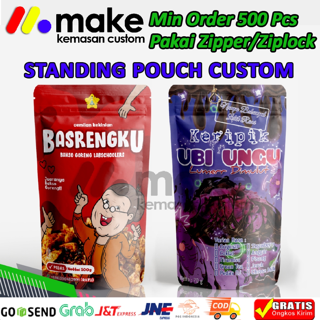 500 Pcs - Cetak Standing Pouch Custom Pakai Ziplock/Zipper Printing Kemasan Makanan Plastik