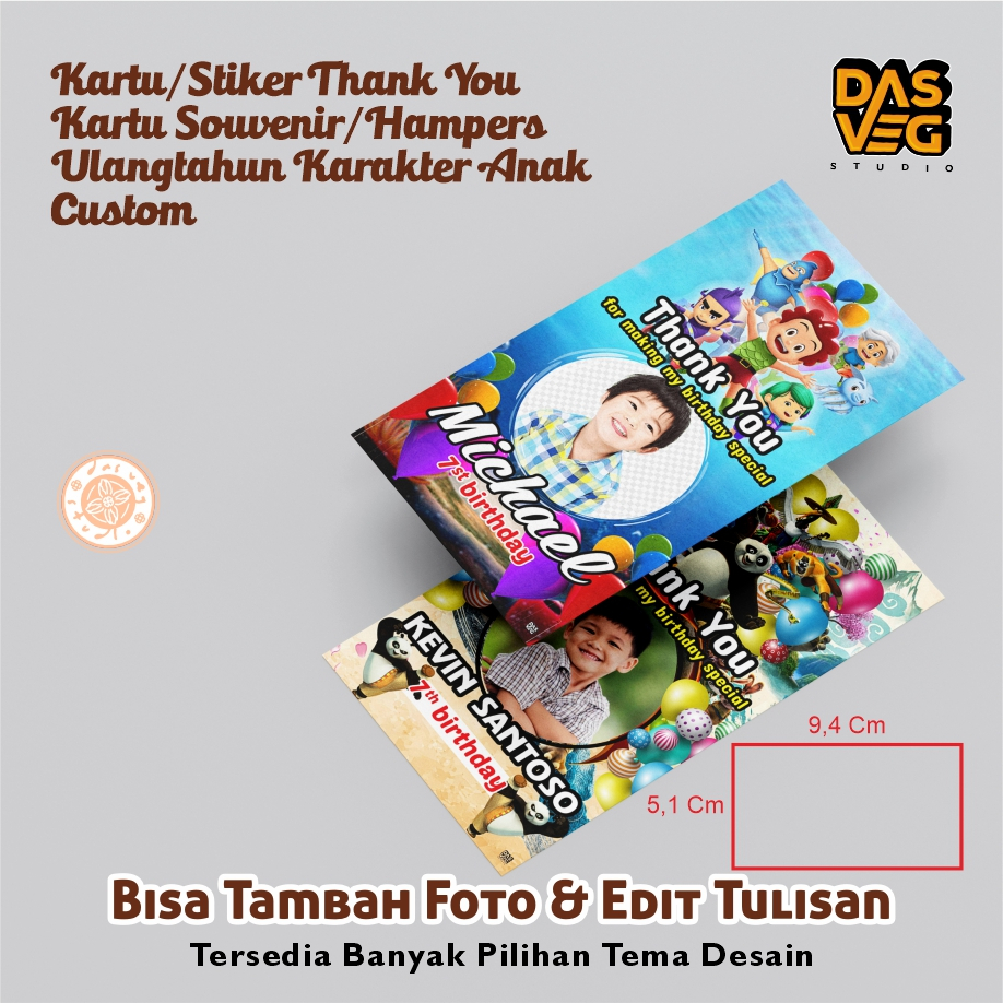 

Kartu/Stiker Thank You - Souvenir / Hampers Ulangtahun anak | Custom 1 sisi - Kartu Ucapan