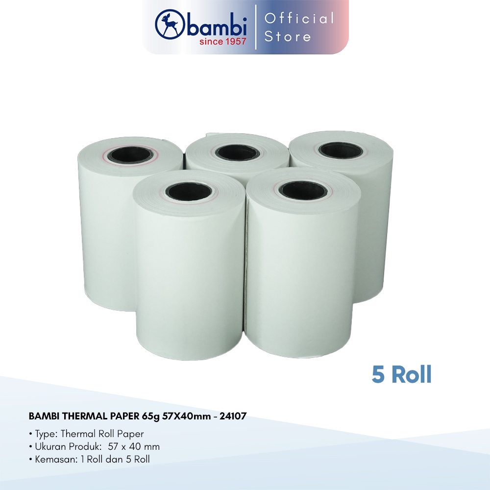 

Bambi Kertas Kasir Tipe Thermal Paper 65g 57x40mm Isi 5 Roll Original