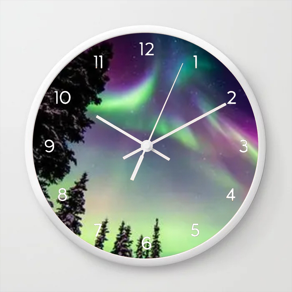 Jam Dinding Bertenaga Baterai Aurora Hijau Jam Hias untuk Ruang Tamu Kamar Tidur Dapur Kamar Mandi