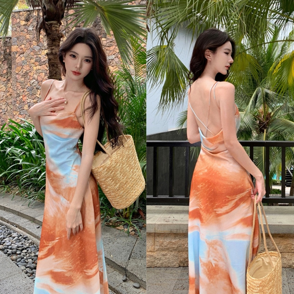 beach dress floral pantai korea style summer dress backless wanita sleeveless sexy midi dress tanpa 