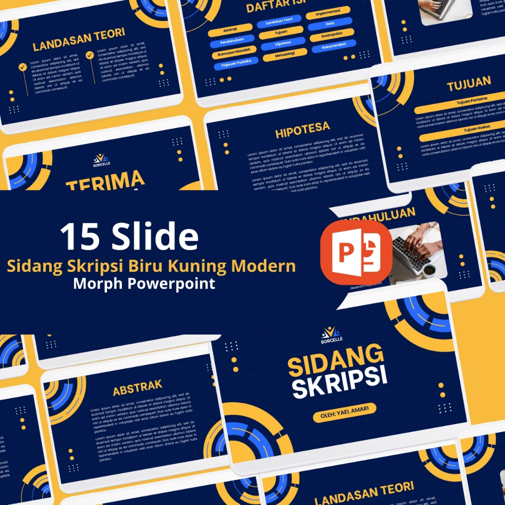 Template PowerPoint Sidang Skripsi Biru Kuning dengan PPT Morph Premium untuk Presentasi