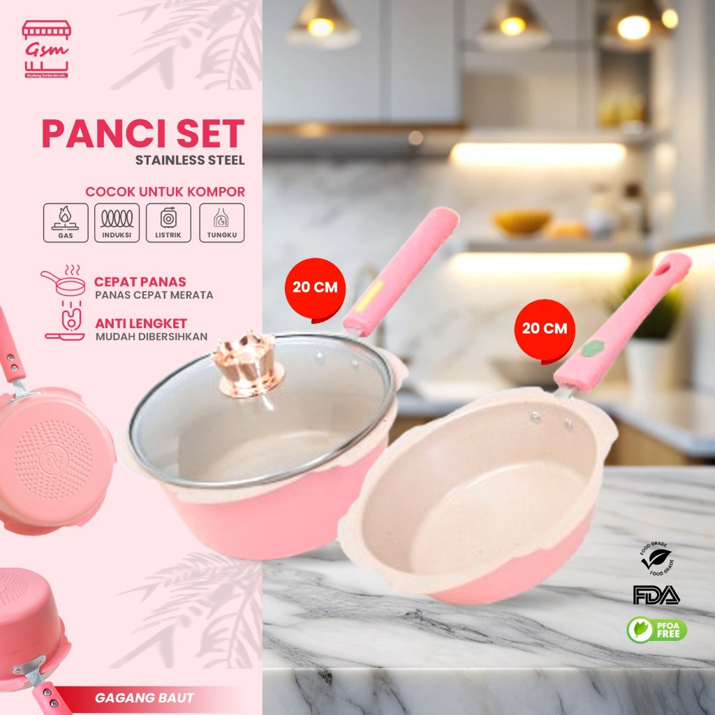 GSM Panci Mpasi Cookware Full Set - Peralatan Panci Bayi Warna Pink/Blue Granite Die Cast ( Kuat ) &