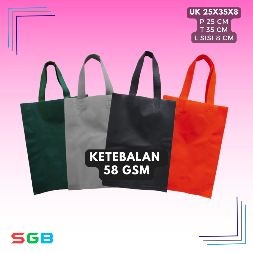 

Super ECONOMIS Goodie bag tali 25x35x8 58GSM harga per lusin / tas spunbond