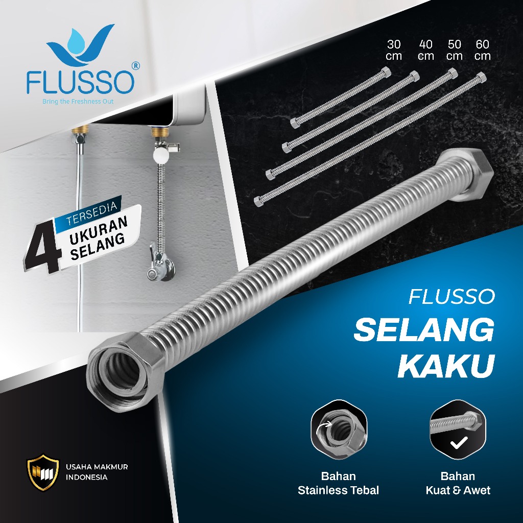 FLUSSO Selang Fleksibel Kaku Air Panas Dingin / Selang Water Heater Stainless ORIGINAL