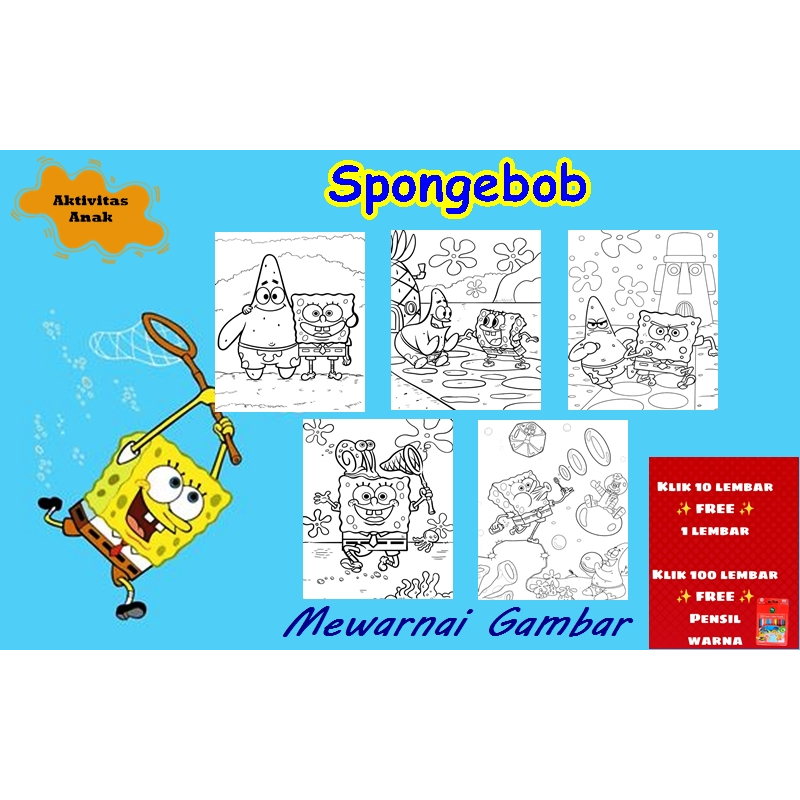 KERTAS MEWARNAI COLORING ANAK / BUKU MEWARNAI  SPONGEBOB /AKTIVITAS ANAK