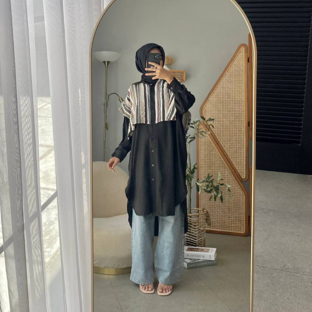 PROUDYHIJAB - Erinka Tunik Motif Garis Garis Tunik Kombinasi Wanita Busui Friendly Full Kancing Depa