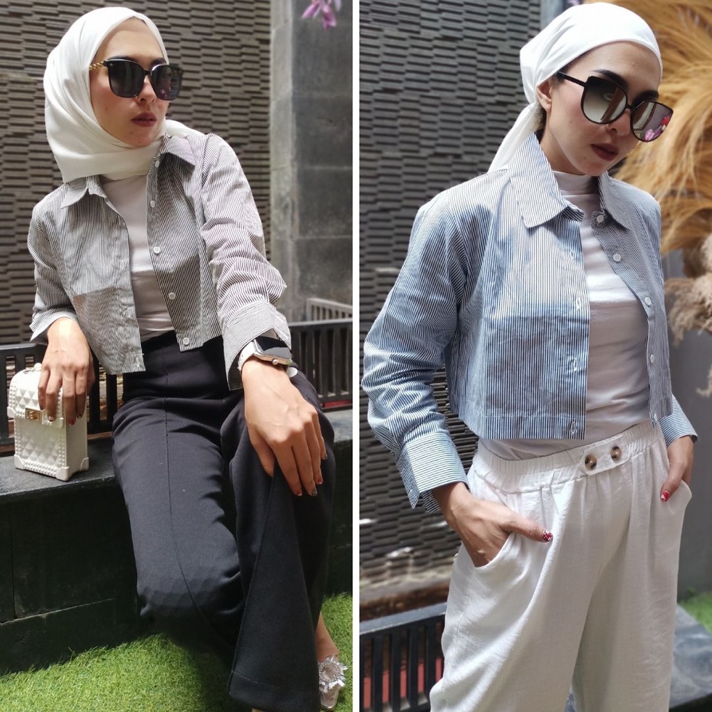 Kemeja Crop Wanita Lengan Panjang Katun Stripe Terbaru Kekinian Korea | Atasan Pendek Cewek Remaja C