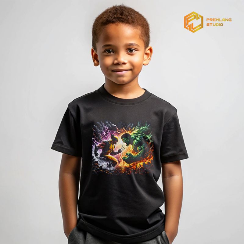 Premlang - Baju Kaos Anak 3D Superhero Marvel Wolverine Versus Hulk Hitam
